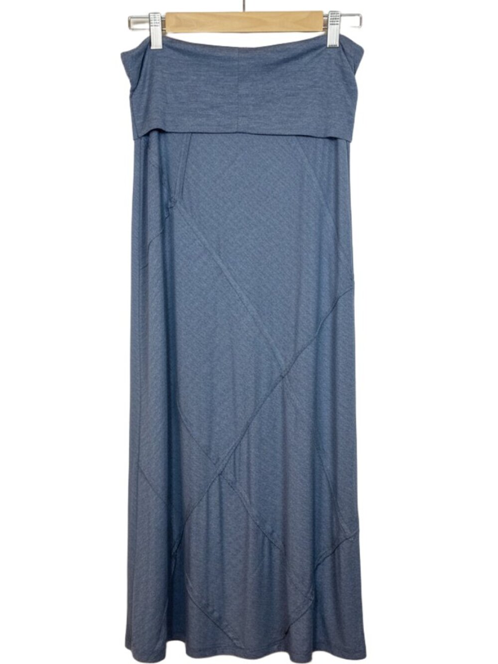 Thyme & Honey Blue Bias Raw Seam Maxi Skirt Sz Large Denim-hue pull-on fold-over